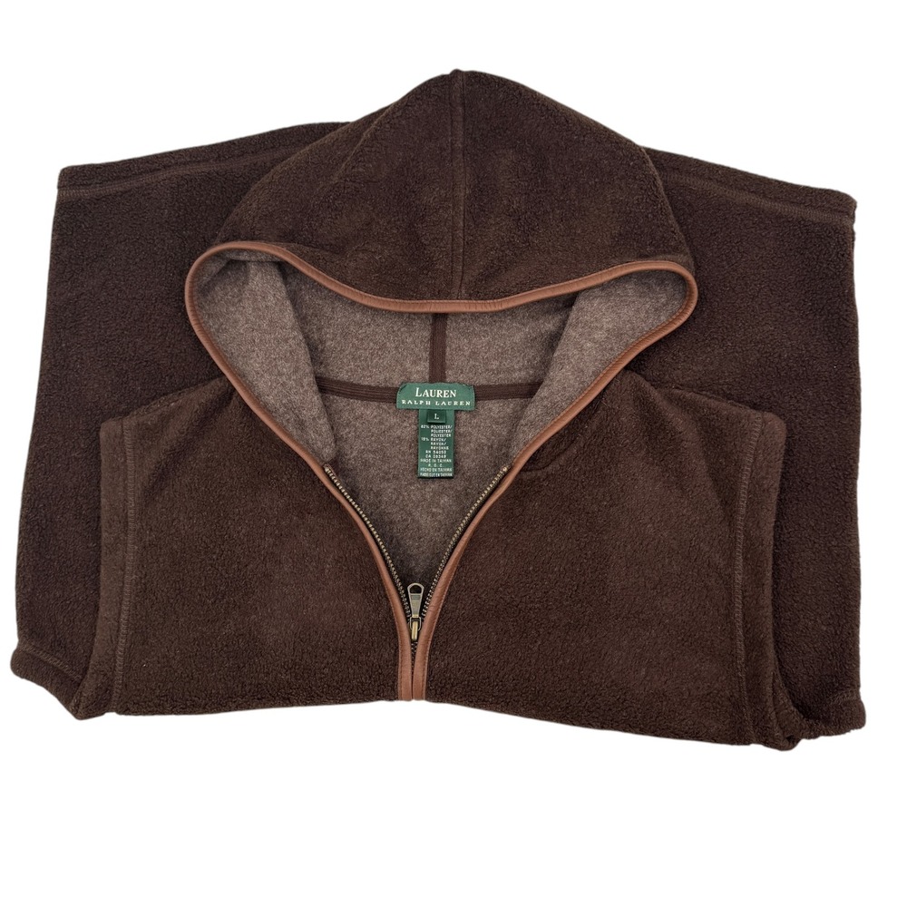 Lauren Ralph‎ Lauren Women Brown Fleece Hooded Vest Zip Pockets Size L